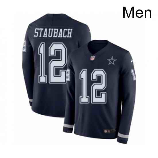 Mens Nike Dallas Cowboys 12 Roger Staubach Limited Navy Blue Therma Long Sleeve NFL Jersey